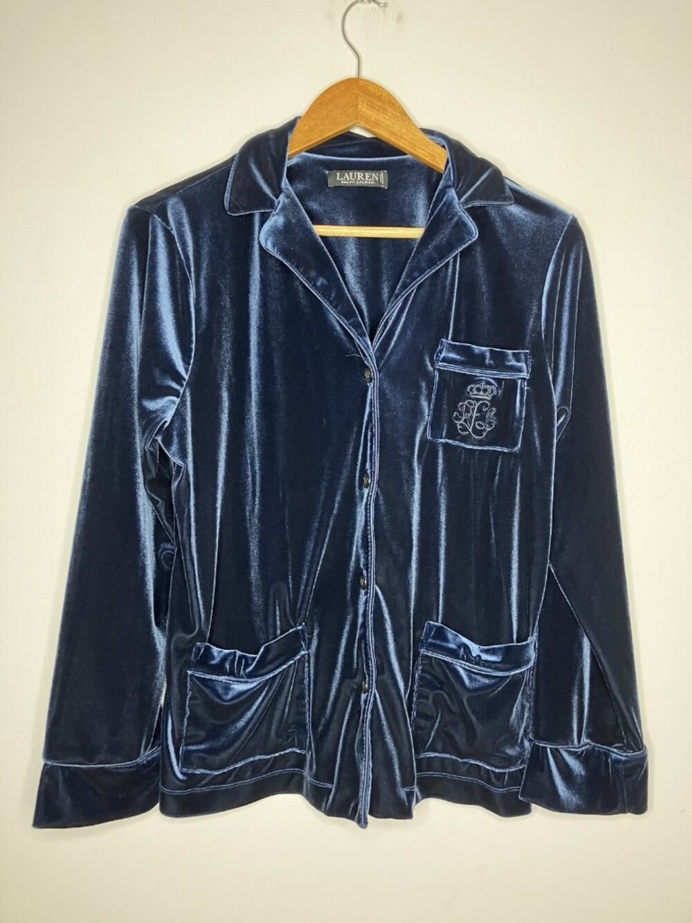 Lauren Ralph Lauren Women's Medium Blue Velvet Sleepwear Pajama Top Shirt